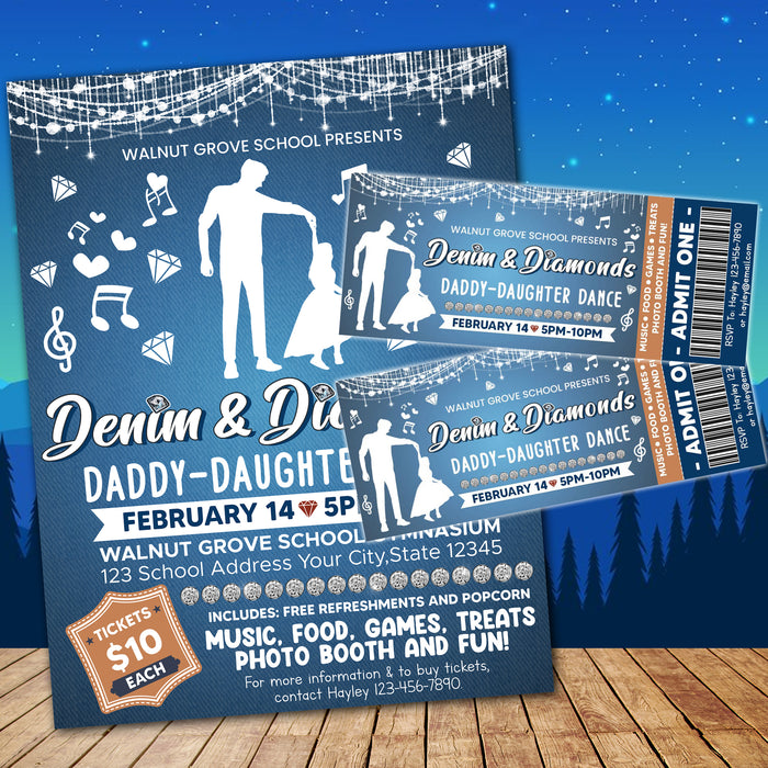 Customizable Denim and Diamond Dance Ticket and Flyer Bundle | Daddy Daughter School Dance Template