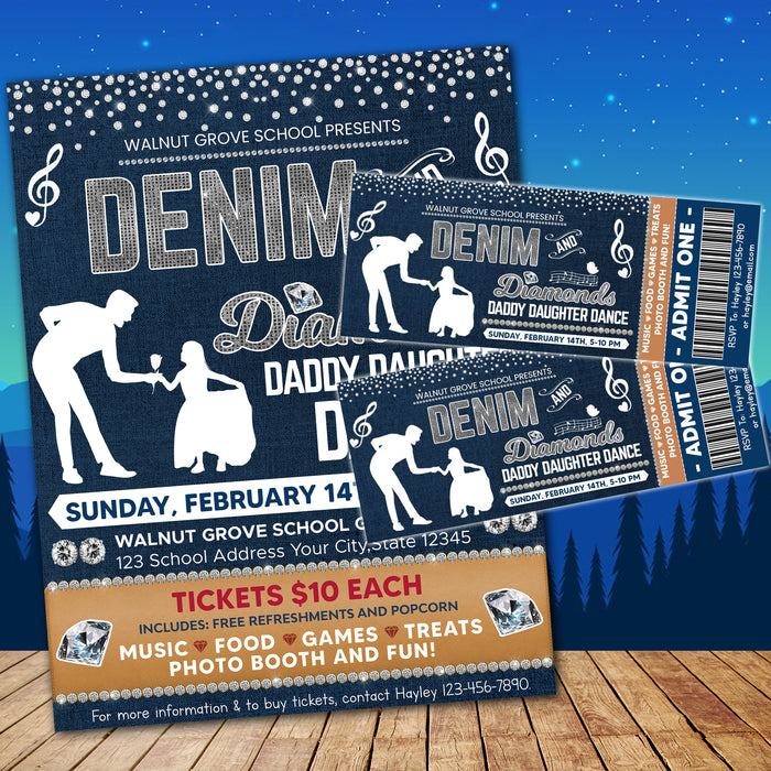 DIY Denim and Diamond Dance Ticket and Flyer Bundle Template | Daddy Daughter School Dance Set