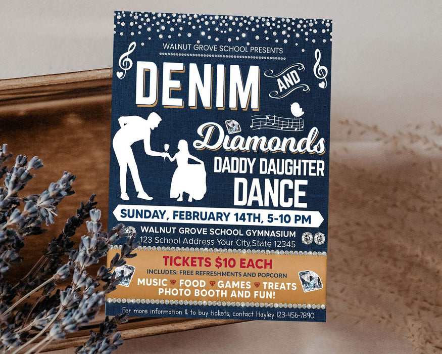 DIY Denim and Diamond Dance Ticket and Flyer Bundle Template | Daddy Daughter School Dance Set