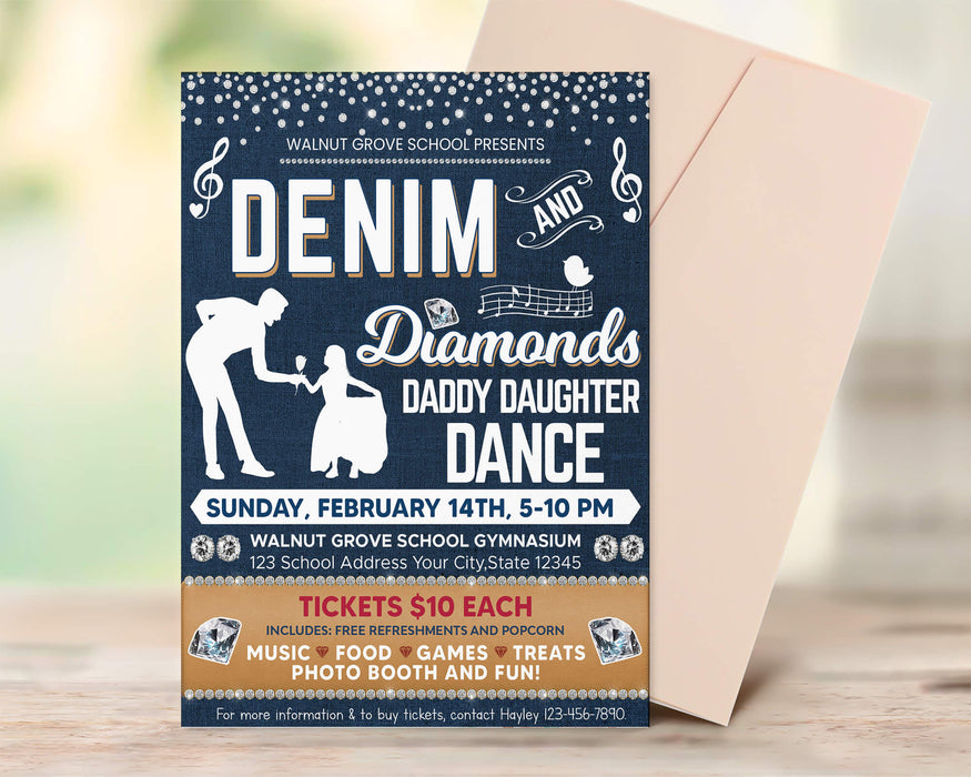 DIY Denim and Diamond Dance Ticket and Flyer Bundle Template | Daddy Daughter School Dance Set