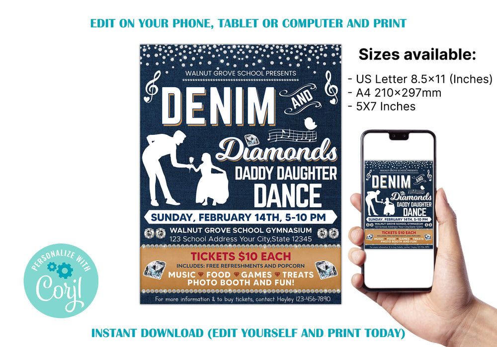 DIY Denim and Diamond Dance Ticket and Flyer Bundle Template | Daddy Daughter School Dance Set