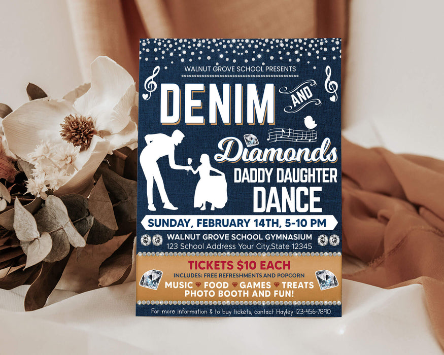 DIY Denim and Diamond Dance Ticket and Flyer Bundle Template | Daddy Daughter School Dance Set