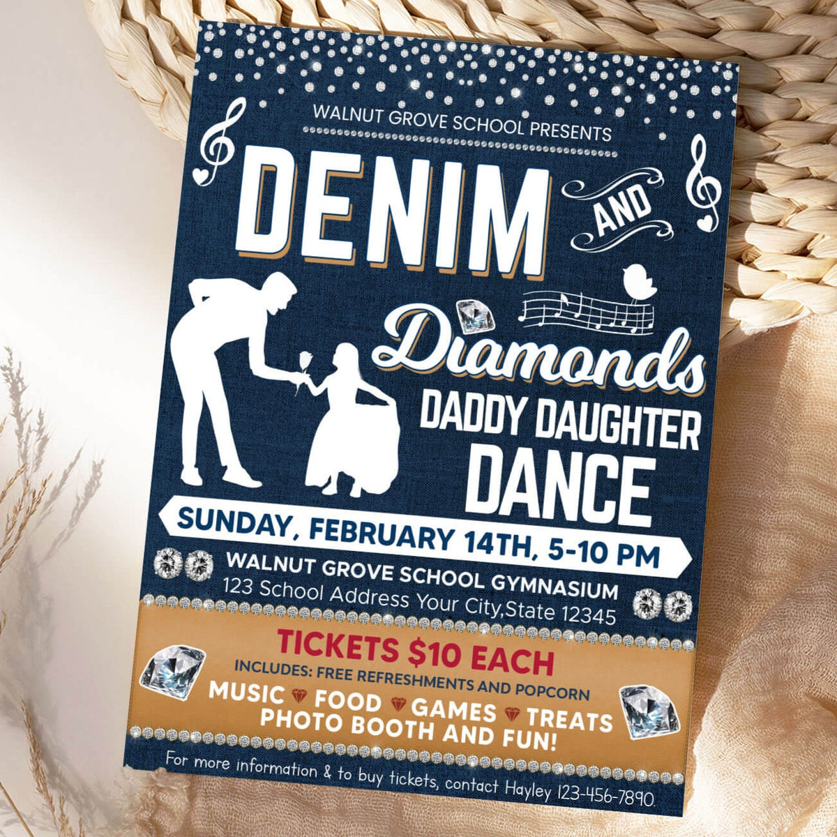 Daddy Daughter Denim and Diamonds Dance Fundraiser Flyer | PTO PTA School Dance Invitation Template - Posh Park daddy-daughter-denim-and-diamonds-dance-fundraiser-flyer-pto-pta-school-dance-invitation-template-posh-park