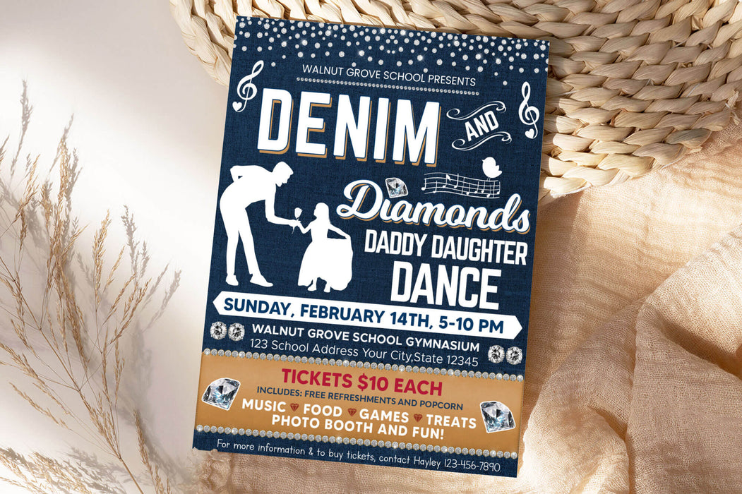 DIY Denim and Diamond Dance Ticket and Flyer Bundle Template | Daddy Daughter School Dance Set