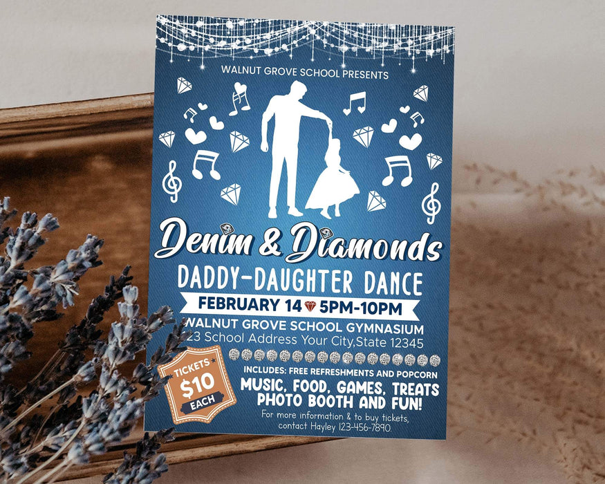 Customizable Denim and Diamond Dance Ticket and Flyer Bundle | Daddy Daughter School Dance Template