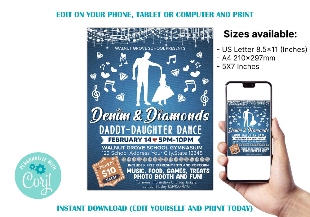 Customizable Denim and Diamond Dance Ticket and Flyer Bundle | Daddy Daughter School Dance Template