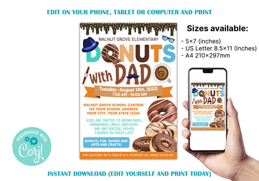 Customizable Donut With Dad Flyer Invitation | PTO PTA School Church Fundraiser Flyer Template