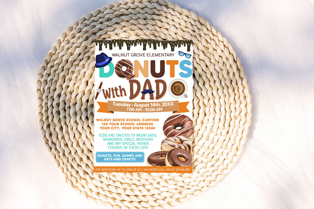 Customizable Donut With Dad Flyer Invitation | PTO PTA School Church Fundraiser Flyer Template