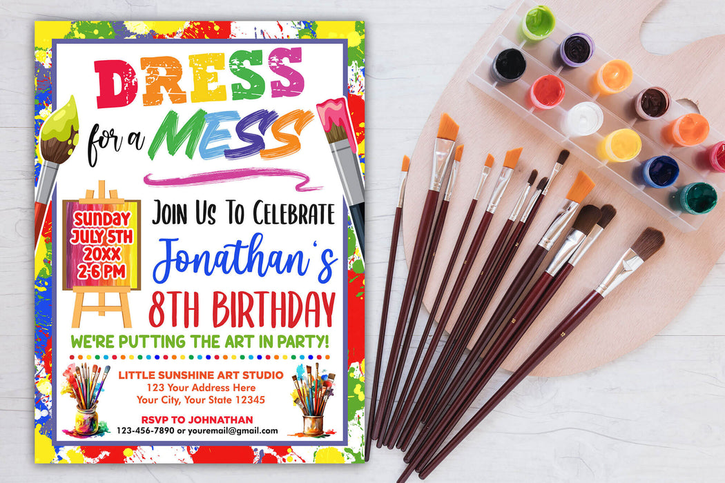 dress for a mess party invitation template Art Birthday Party Invitation Editable Template, Dress for a Mess Painting Invite Evite, Girl Paint Craft Rainbow Party Apron Printable