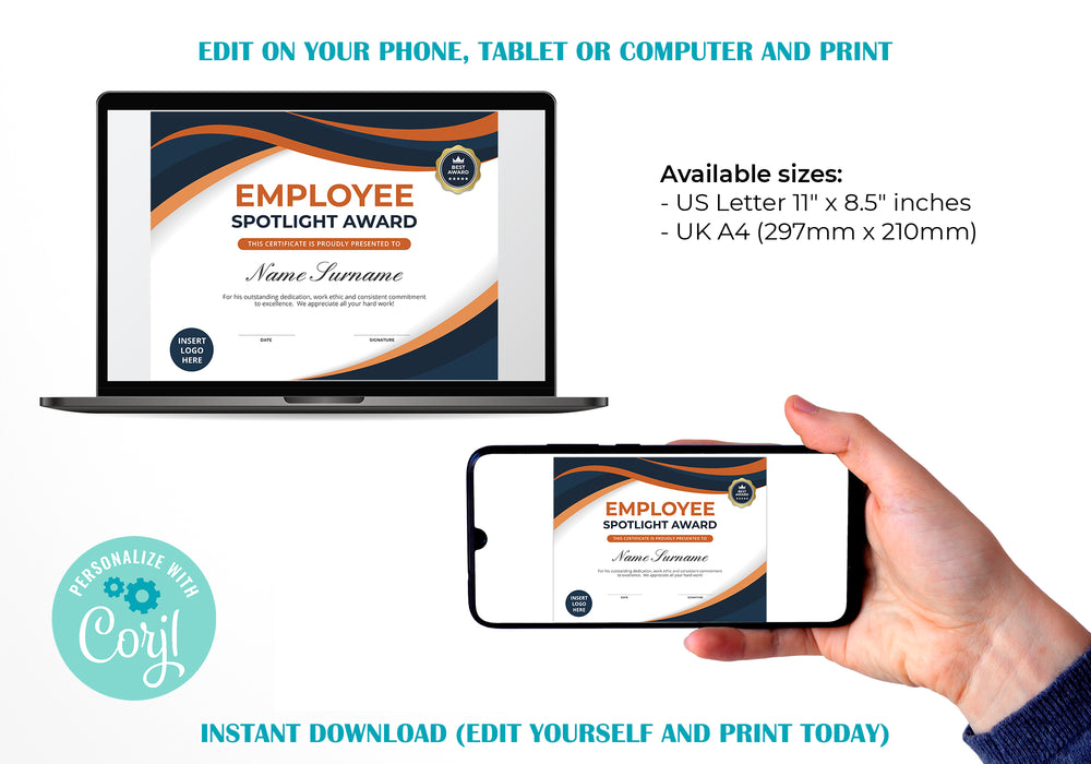 Custom Employee Spotlight Award Certificate Editable