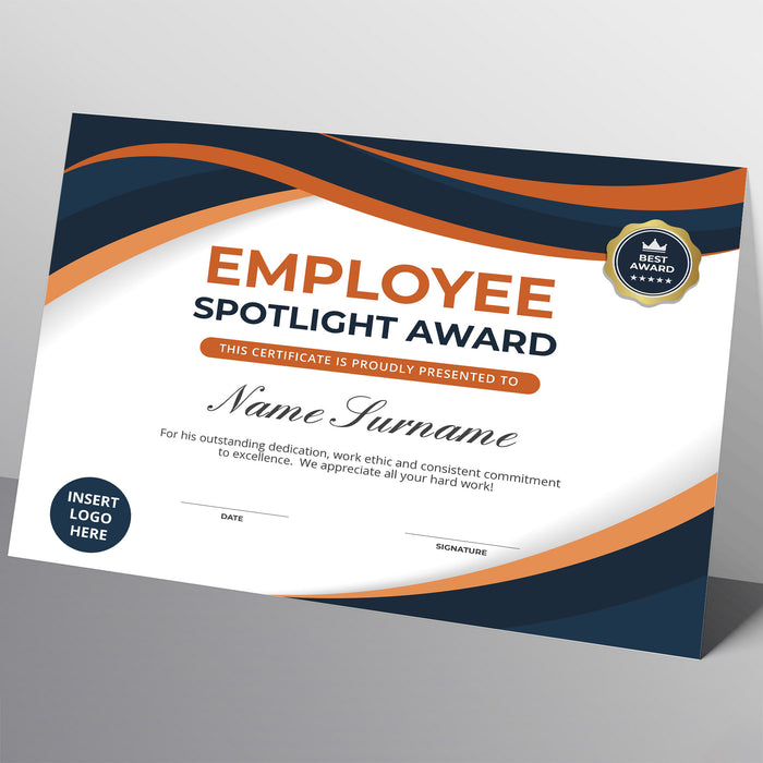 Custom Employee Spotlight Award Certificate Editable