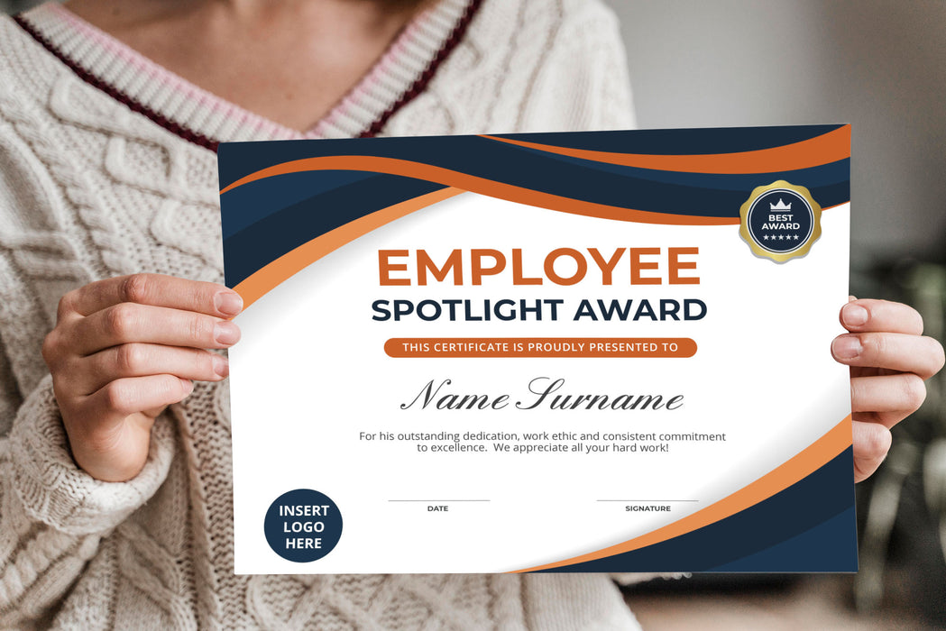 Custom Employee Spotlight Award Certificate Editable