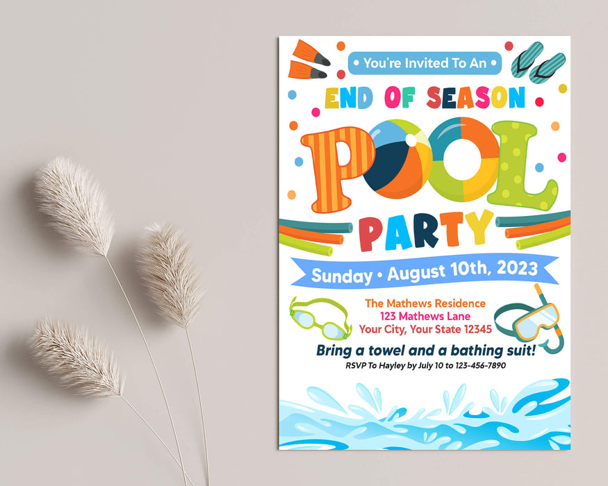 Customizable End of Season Pool Party Invite Template | Summer Themed Party Bash Flyer Invite