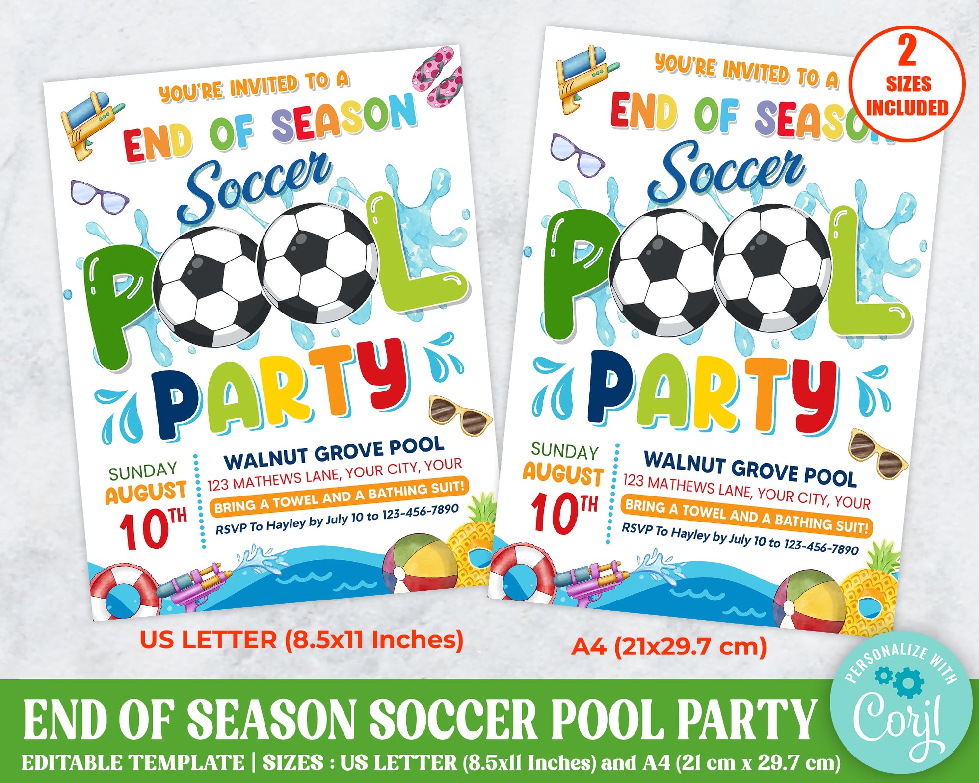 Customizable End of Season Soccer Pool Party Flyer | Sports Pool Party ...