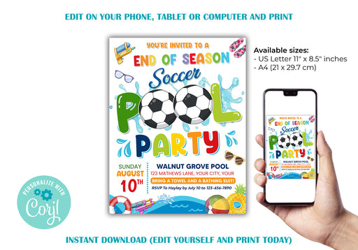 Customizable End of Season Soccer Pool Party Flyer | Sports Pool Party Flyer Template