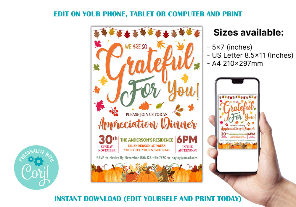 DIY Fall Appreciation Dinner Invitation | Grateful For You Teacher, Staff, Boss and Client Invite Flyer Template