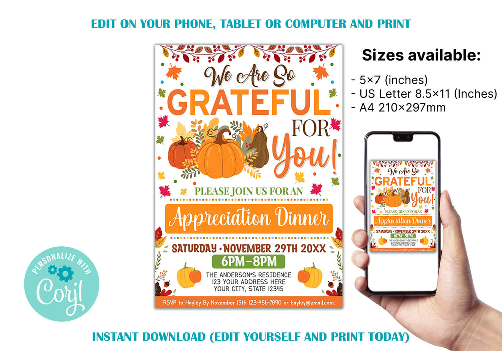 Customizable Fall Appreciation Dinner Invitation Template | Grateful ...