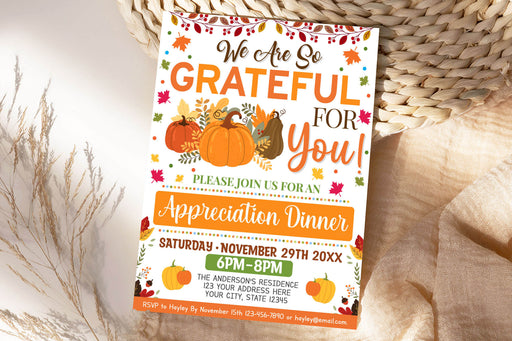 Customizable Fall Appreciation Dinner Invitation Template | Grateful For You Teacher, Staff, Boss and Client Give Thanks Invite Flyer