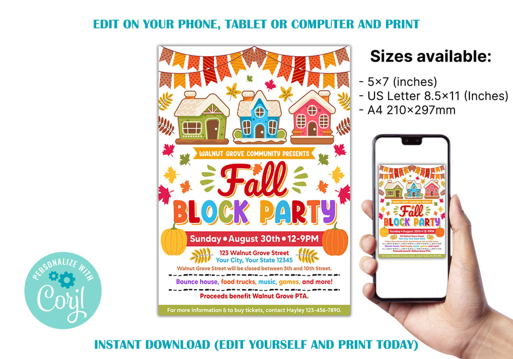 Customizable Fall Block Party Invitation Flyer | Autumn Community Block ...