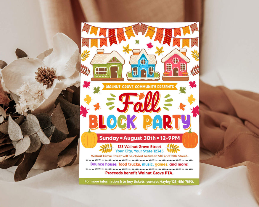 Customizable Fall Block Party Invitation Flyer | Autumn Community Block Party Event Flyer Template