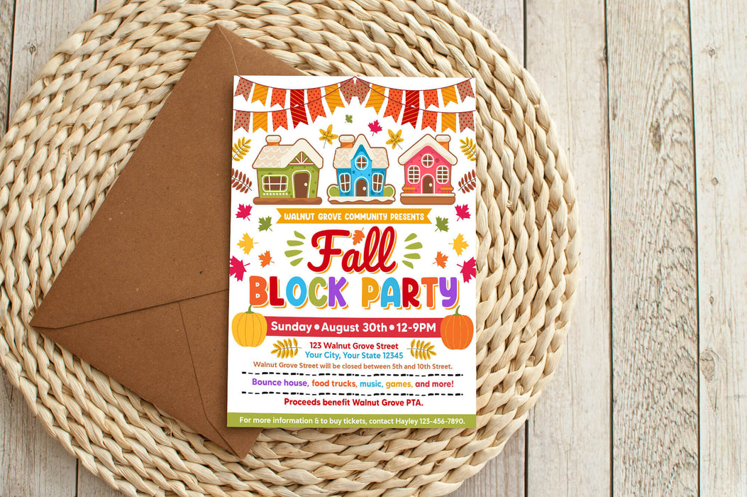 Customizable Fall Block Party Invitation Flyer | Autumn Community Block Party Event Flyer Template