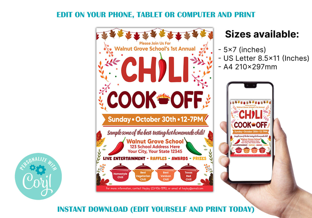 DIY Fall Chili Cook Off Flyer Template | School PTO PTA Church Community Chili Competition Poster