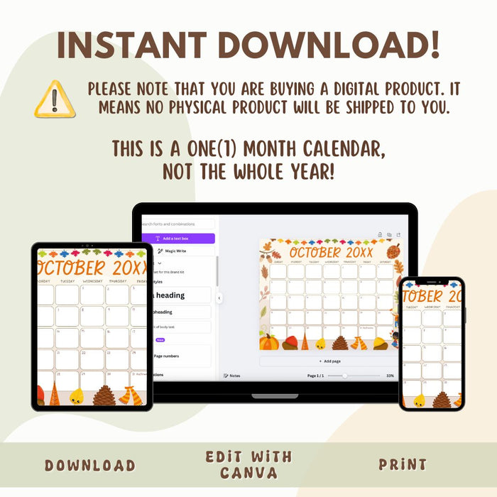 Autumn Harvest October Editable Calendar Design