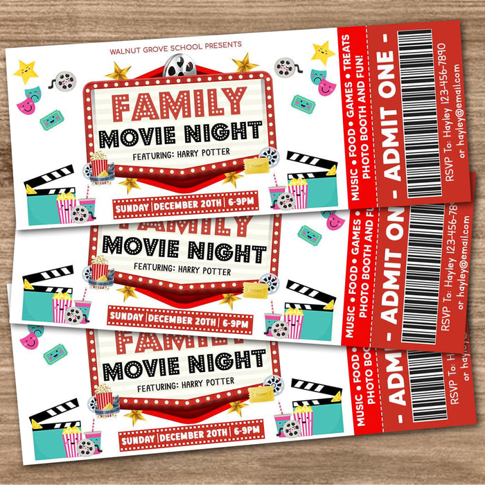 Customizable Family Movie Night Ticket and Flyer Template | Cinema Movie Party Benefit Fundraiser Event