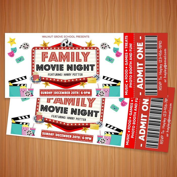 Customizable Family Movie Night Ticket and Flyer Template | Cinema Movie Party Benefit Fundraiser Event