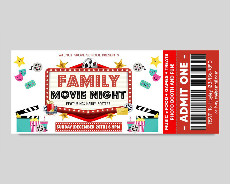 Customizable Family Movie Night Ticket and Flyer Template | Cinema Movie Party Benefit Fundraiser Event