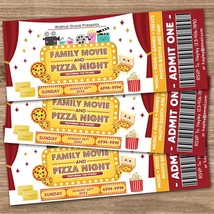 Customizable Pizza and Movie Night Ticket and Flyer Template | Cinema Movie Benefit Fundraiser Event