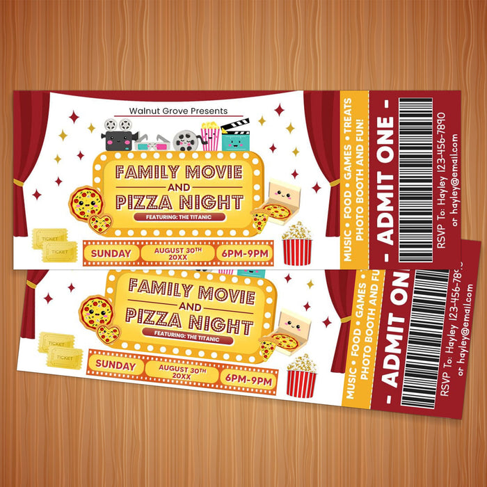 Customizable Pizza and Movie Night Ticket and Flyer Template | Cinema Movie Benefit Fundraiser Event