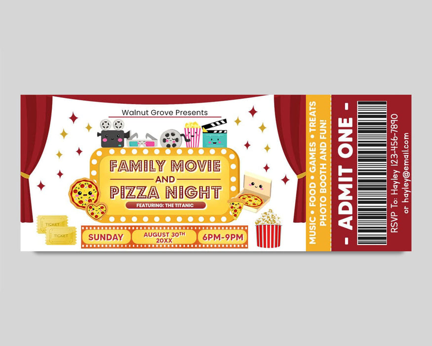 Customizable Pizza and Movie Night Ticket and Flyer Template | Cinema Movie Benefit Fundraiser Event