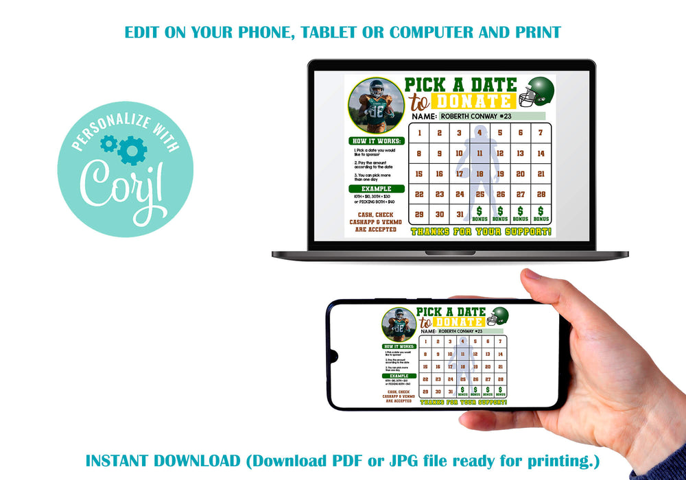 Football Team Fundraiser Printable Calendar