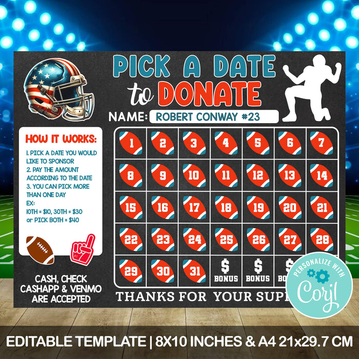 Football Pick a Date to Donate Fundraising Calendar | Football Rugby Pay The Date Template