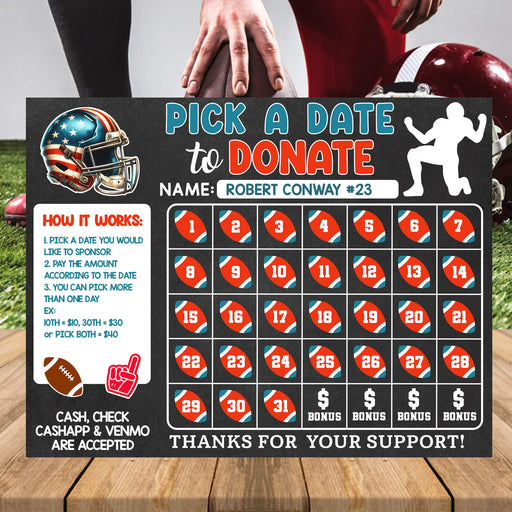 Football Pick a Date to Donate Fundraising Calendar | Football Rugby Pay The Date Template