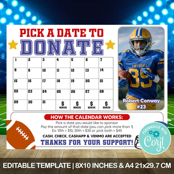 Team Sports Football Player Donation Calendar | Pick a Date to Donate Rugby Fundraiser Template