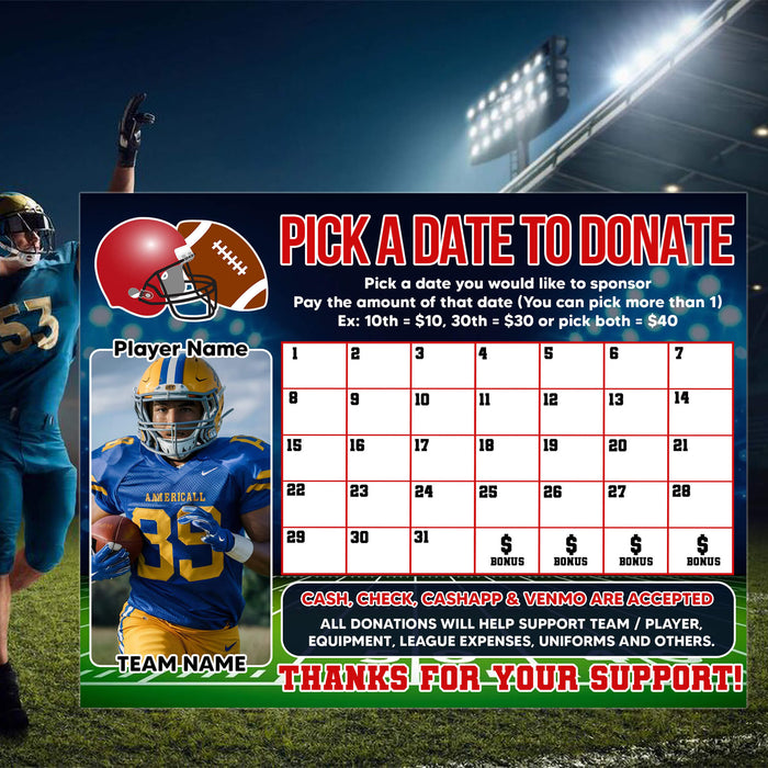 Football Fundraising Donation Calendar | Football Rugby Pick a Date to Donate Template