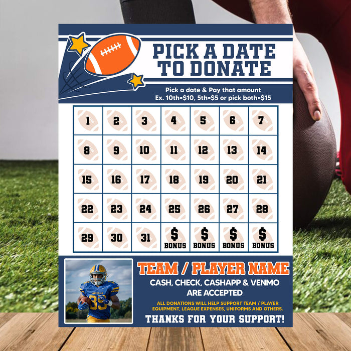 DIY Football Pick A Date To Donate Template | Rugby Fundraising Donation Calendar