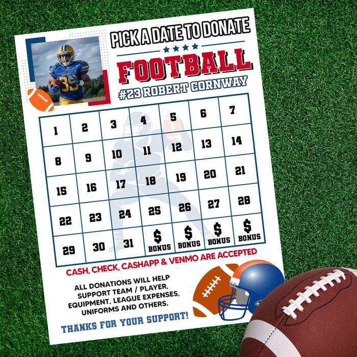 Customizable Football Pick a Date to Donate | Rugby Sports Fundraising Donation Calendar Template
