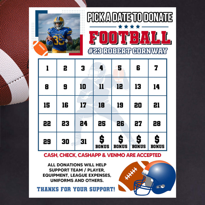 Customizable Football Pick a Date to Donate | Rugby Sports Fundraising Donation Calendar Template