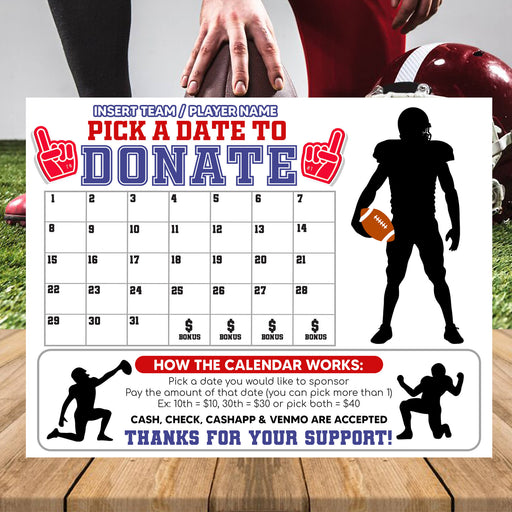 Football Fundraiser Donation Calendar | Rugby Pick a Date to Donate Sports Fundraiser Calendar