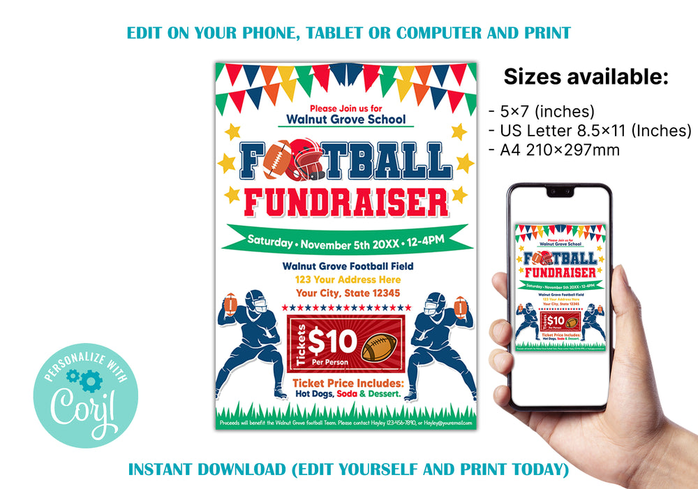 DIY Football Fundraiser Flyer Template | School Sport Fundraiser Flyer
