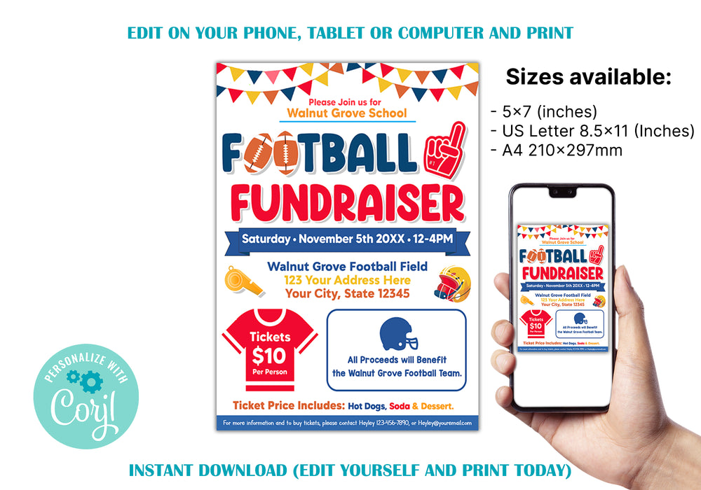 Football Fundraiser Flyer Template | Editable School Sports Event Fundraiser Invite Flyer