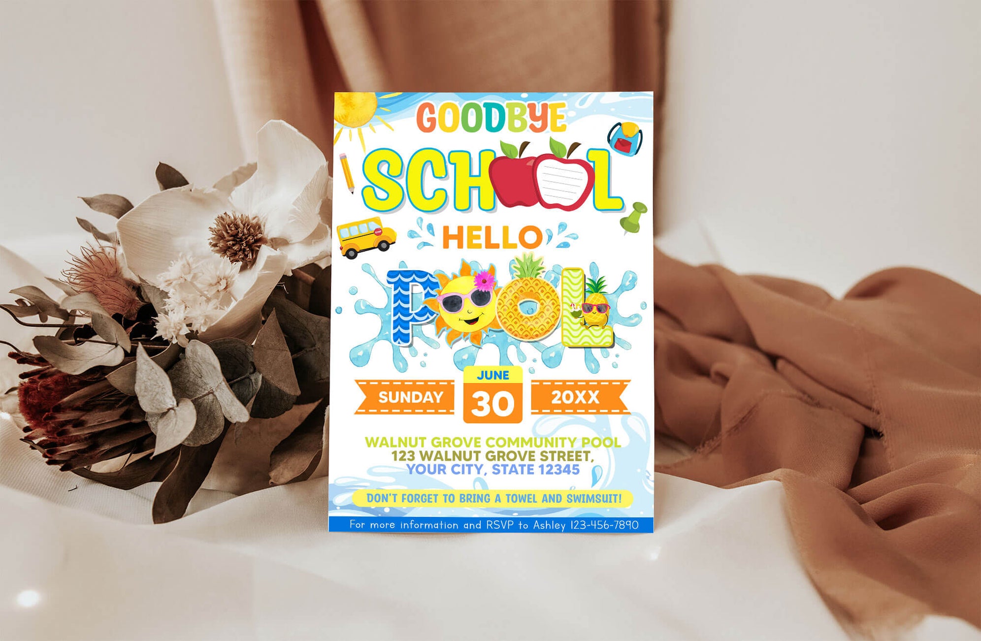 Goodbye School Hello Pool Party Invitation | End of School Invite ...