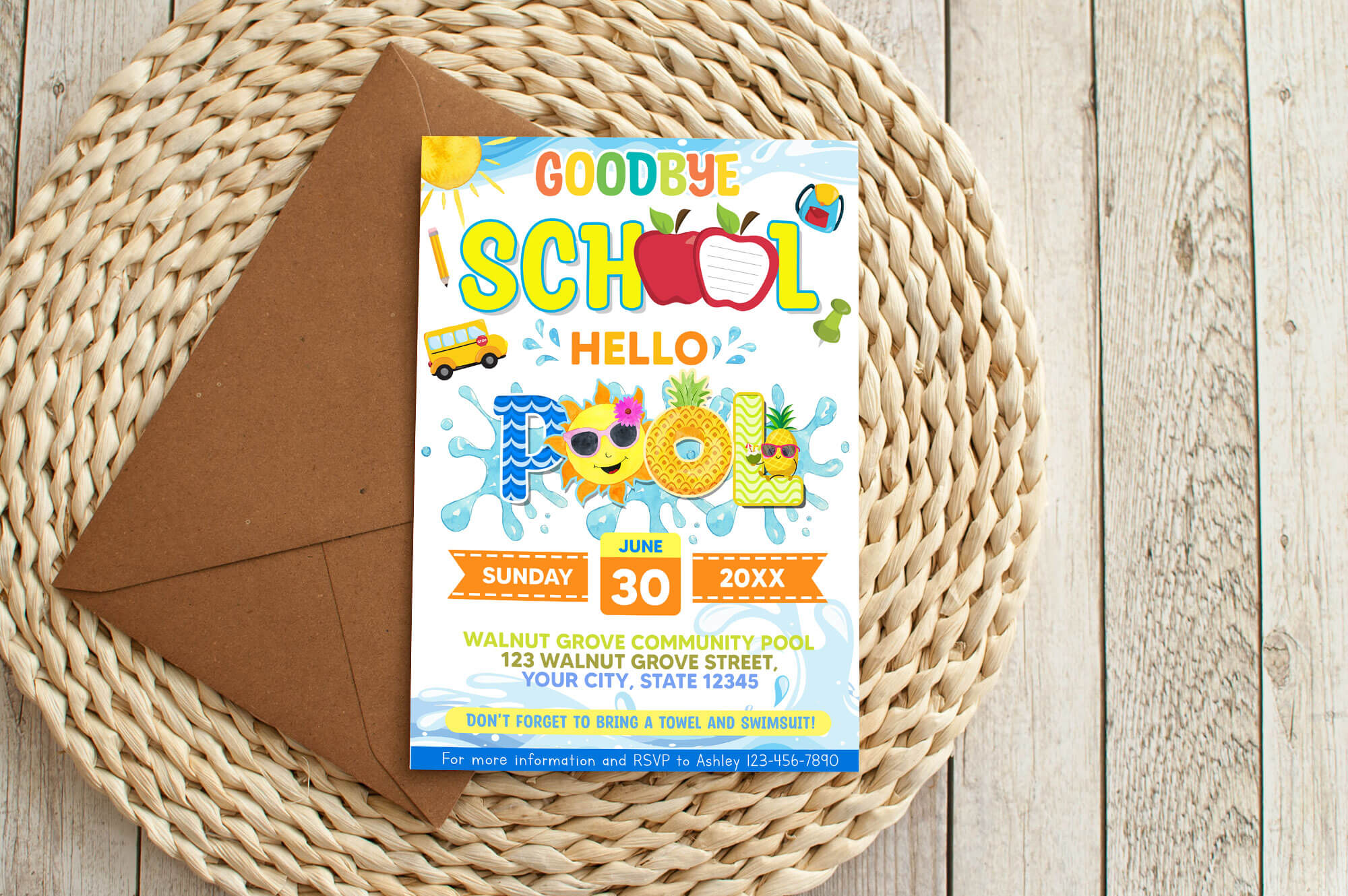 Goodbye School Hello Pool Party Invitation | End of School Invite ...