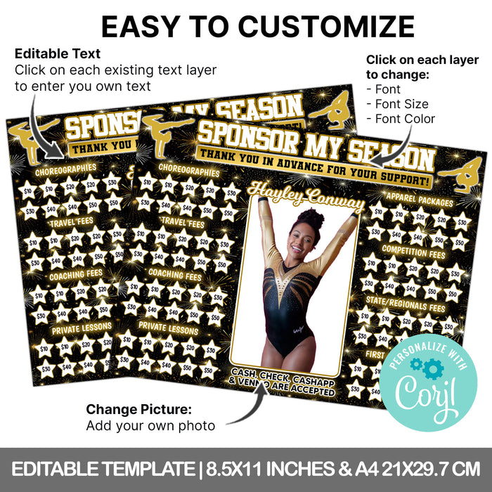 Black and Gold Gymnastics Donation Calendar Editable Template