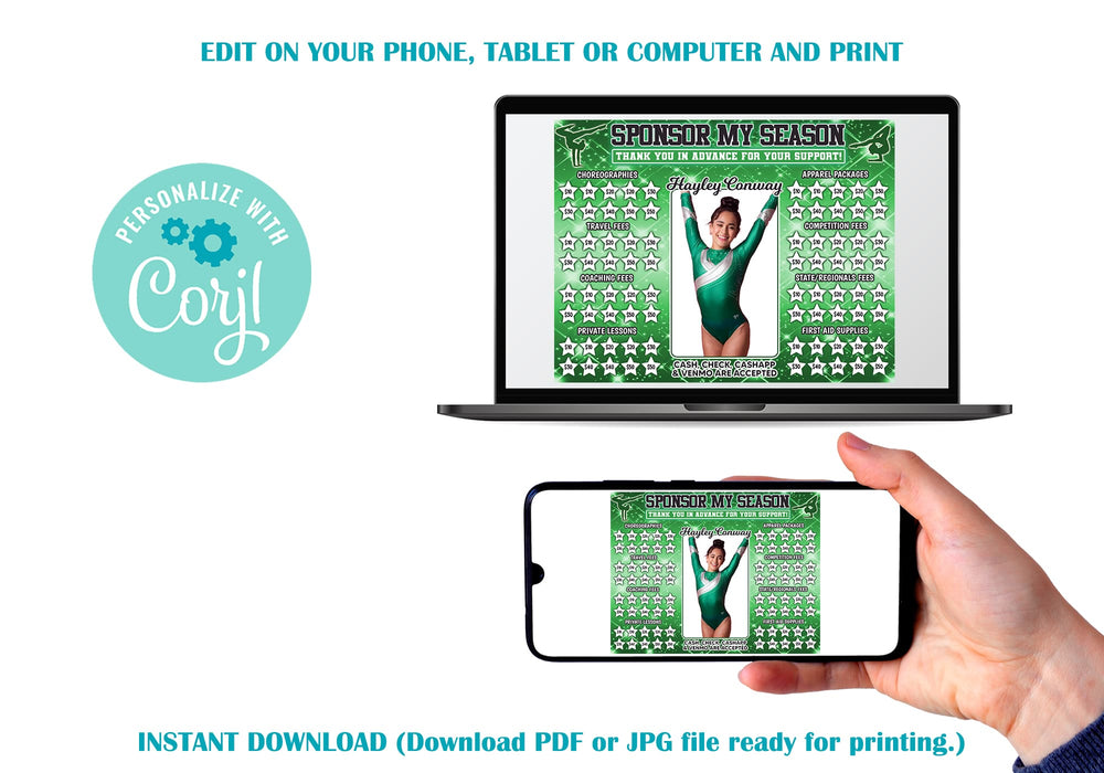 Green Sparkle Gymnastics Donation Calendar Editable Template