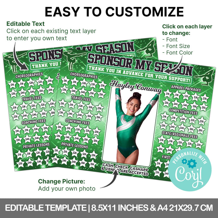 Green Sparkle Gymnastics Donation Calendar Editable Template