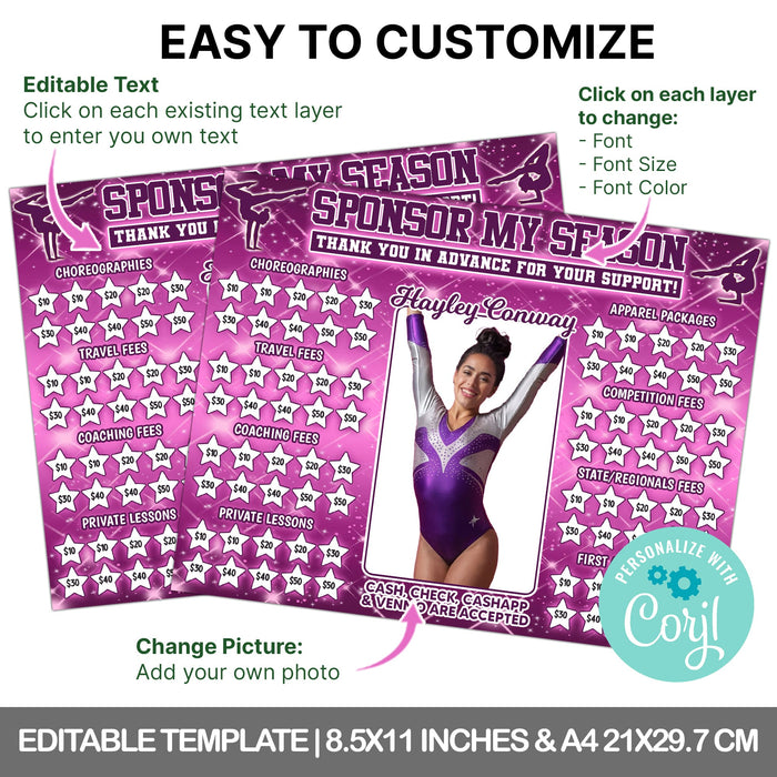 Editable Purple Gymnastics Donation Calendar Sparkly